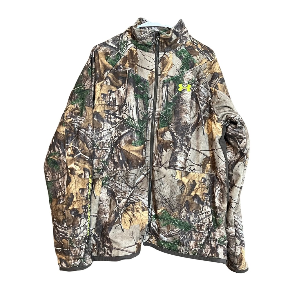 Under Armour Mens Realtree Xtra Camo Full Zip Jacket Medium Loose Fit Brown Neon